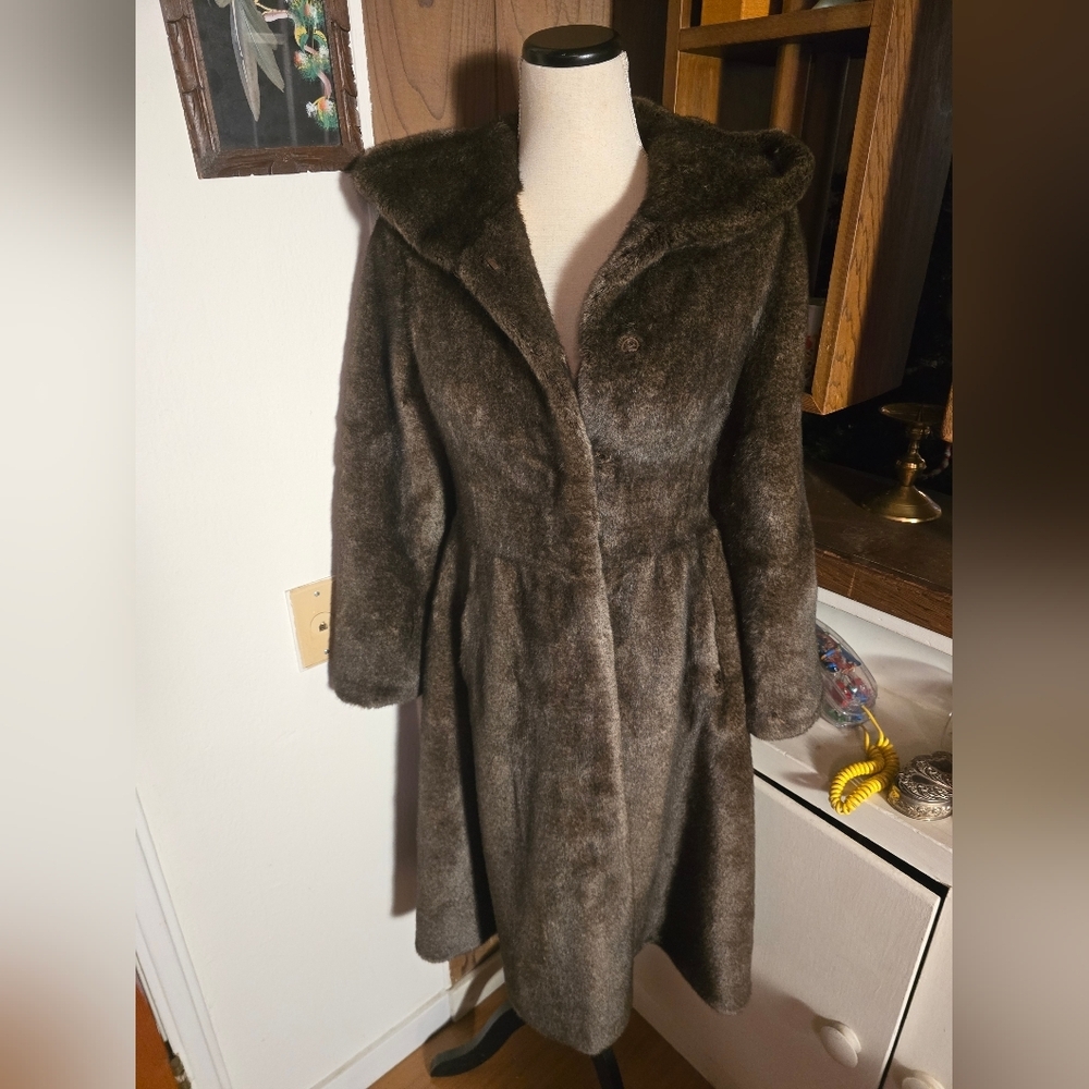 Furamur Elegant Brown Faux Mink Women's Hooded Coat